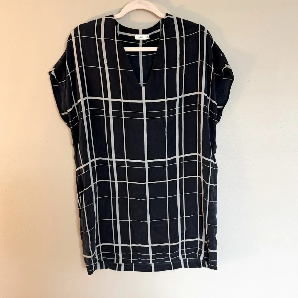 100% Silk VINCE Navy and White Plaid Dress